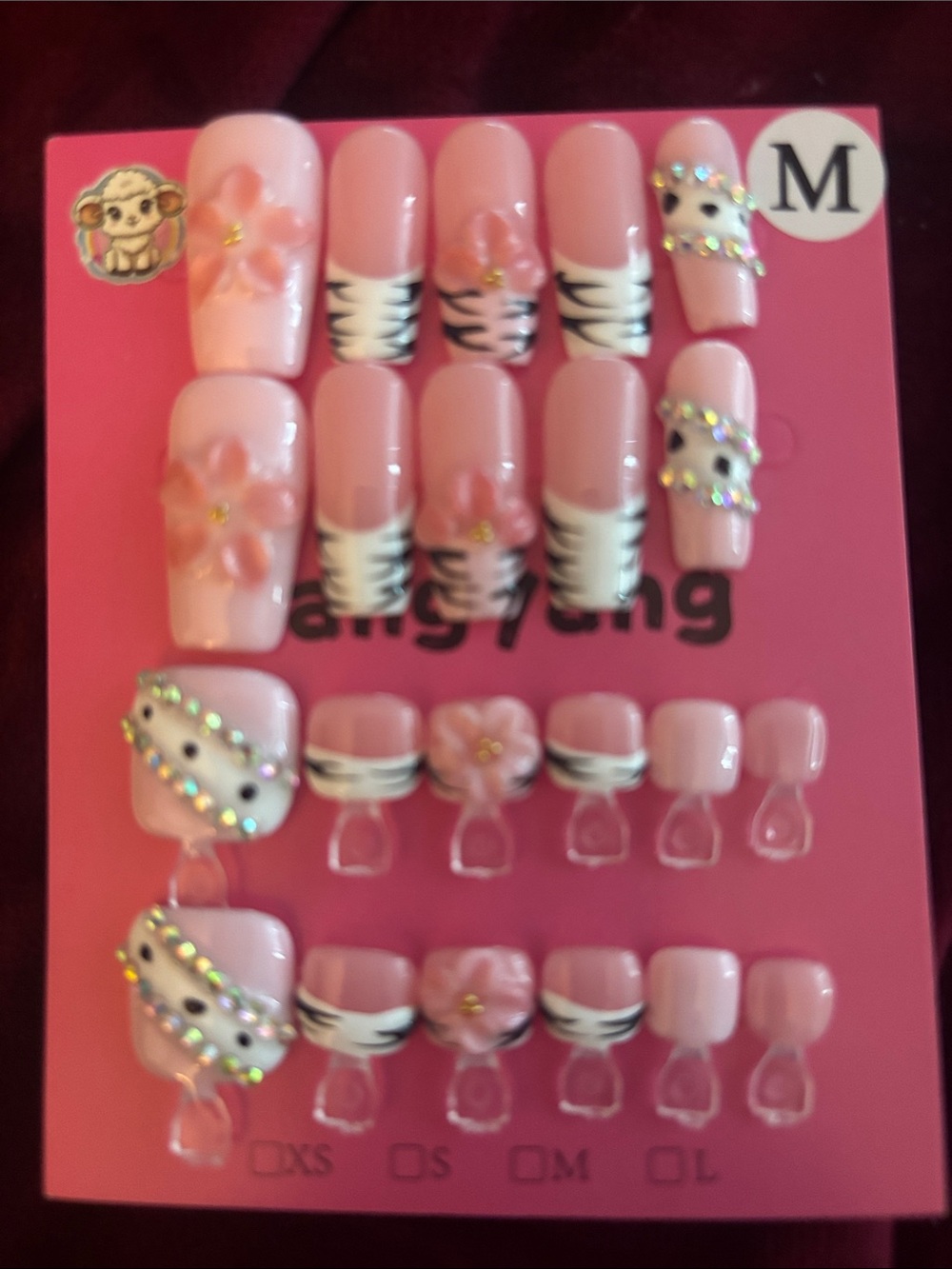 Pink Floral Zebra Press-On Nail Set with Rhinestones